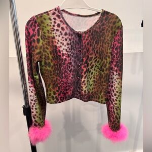 Leopard Print - Lisa Frank inspired Cardigan with Pink Fur Cuffs